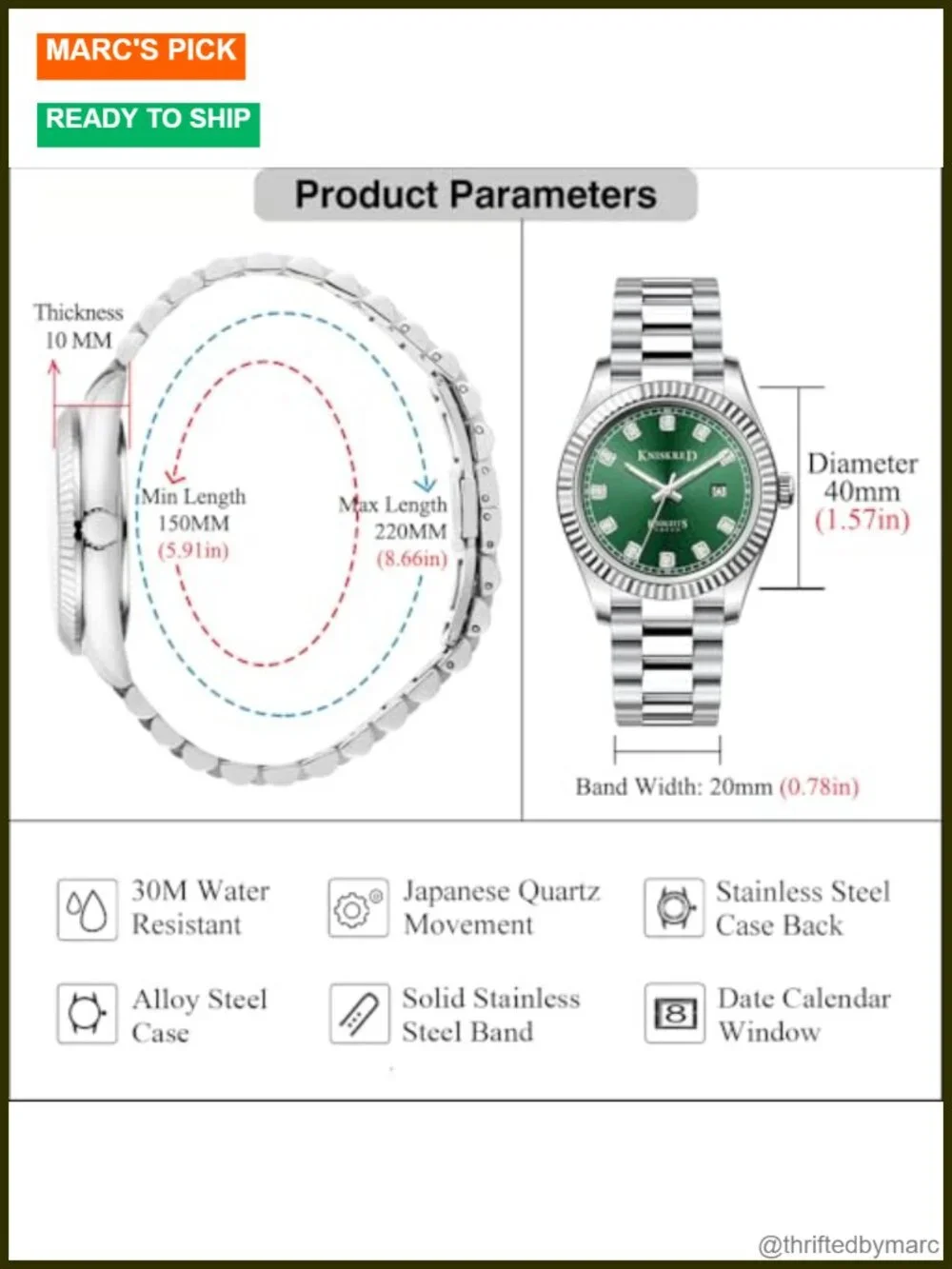 Men's Stainless Steel Watch with Diamond Markers Japanese Quartz